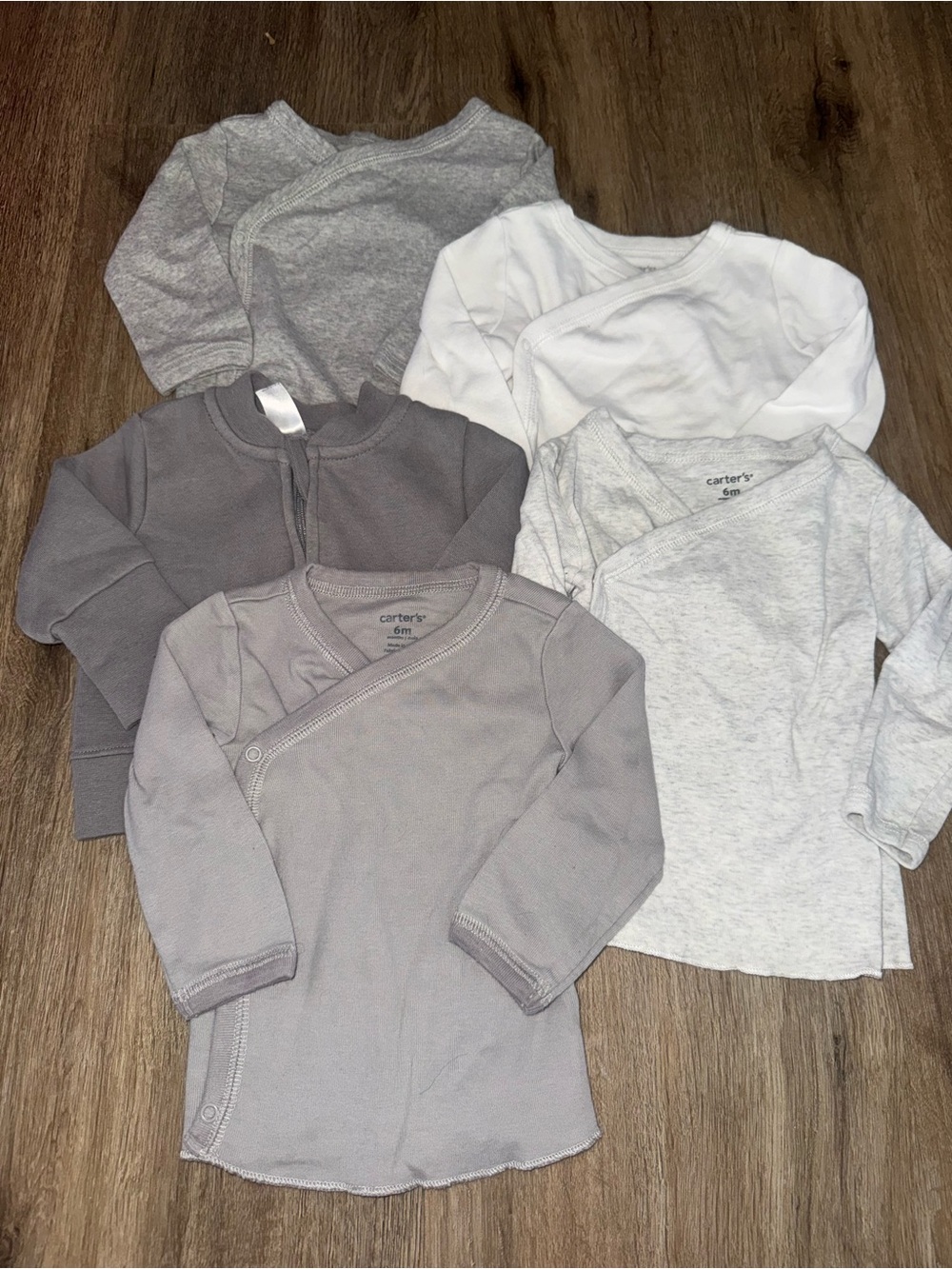 Carter's Gray, Light Gray & White Wrap-Front Baby Tops 6 Months Set of 6